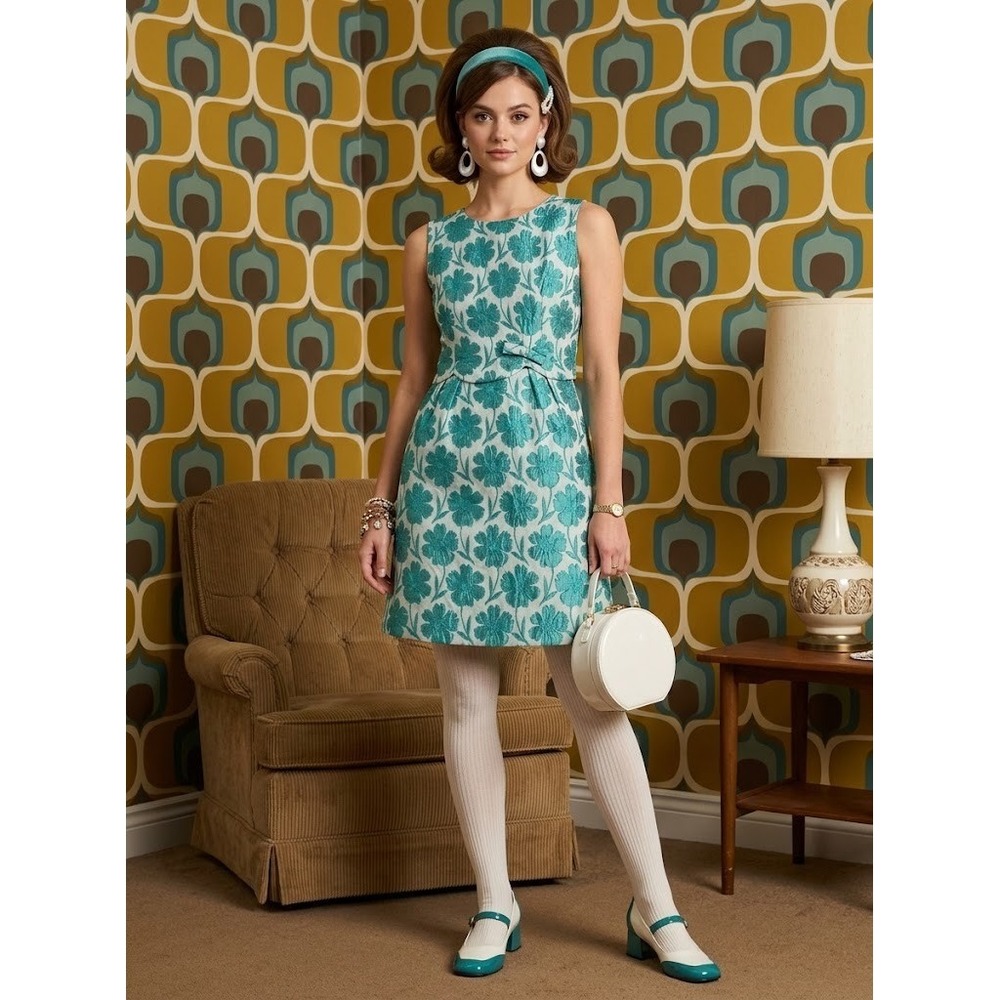 VTG Floral Brocade Shift Dress Teal White Women's 8 Grannycore 1960s Mod Retro